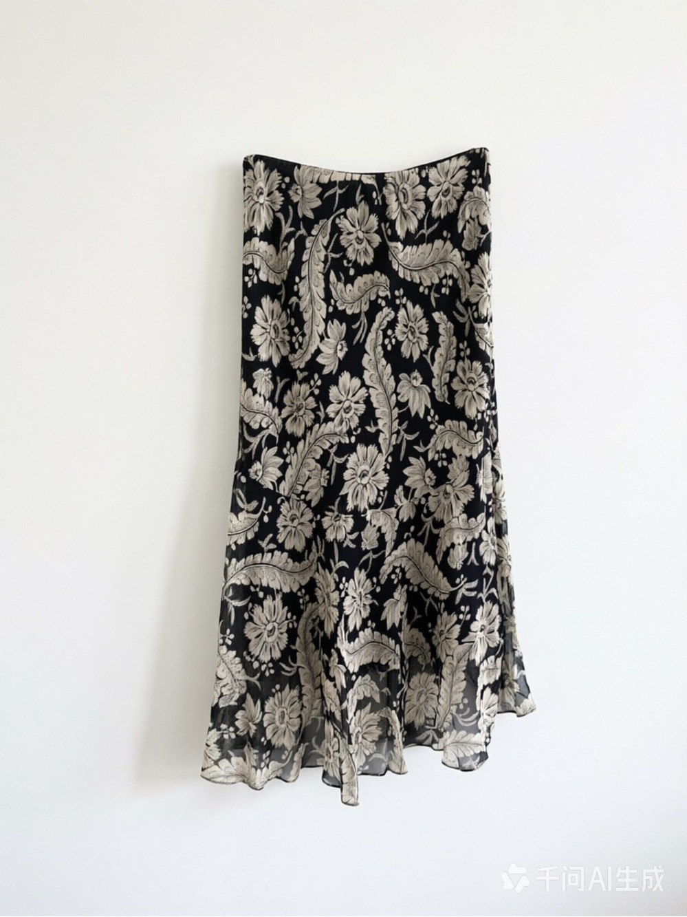 Lauren Ralph Lauren Black and Cream Asymmetrical Floral Midi Skirt - Picture 3 of 4